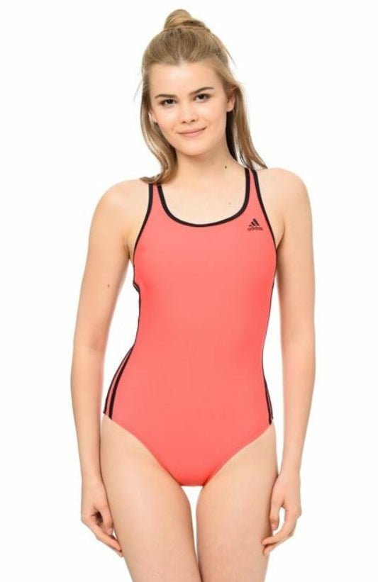 adidas 3 Stripe Classic One Piece Swimsuit (Shock Red/Black)